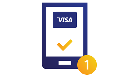 Illustration of a tablet displaying a Visa gift card with a check mark at the bottom.