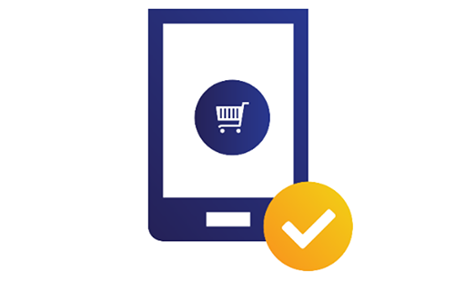 Illustration of tablet displaying a shopping cart with a check mark at the bottom.