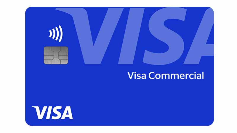 Chip-enabled Visa Commercial card with Visa logo and Tap to Pay logo.